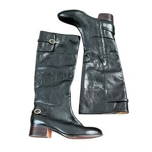 Franco Sarto Knee High Tall Black Leather Riding Style Boot Gold Buckle Size 6.5
